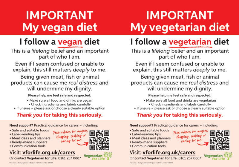 A simple carers’ reminder poster to help ensure vegan and vegetarian diets are respected in home care. Order your poster from Vegetarian for Life.